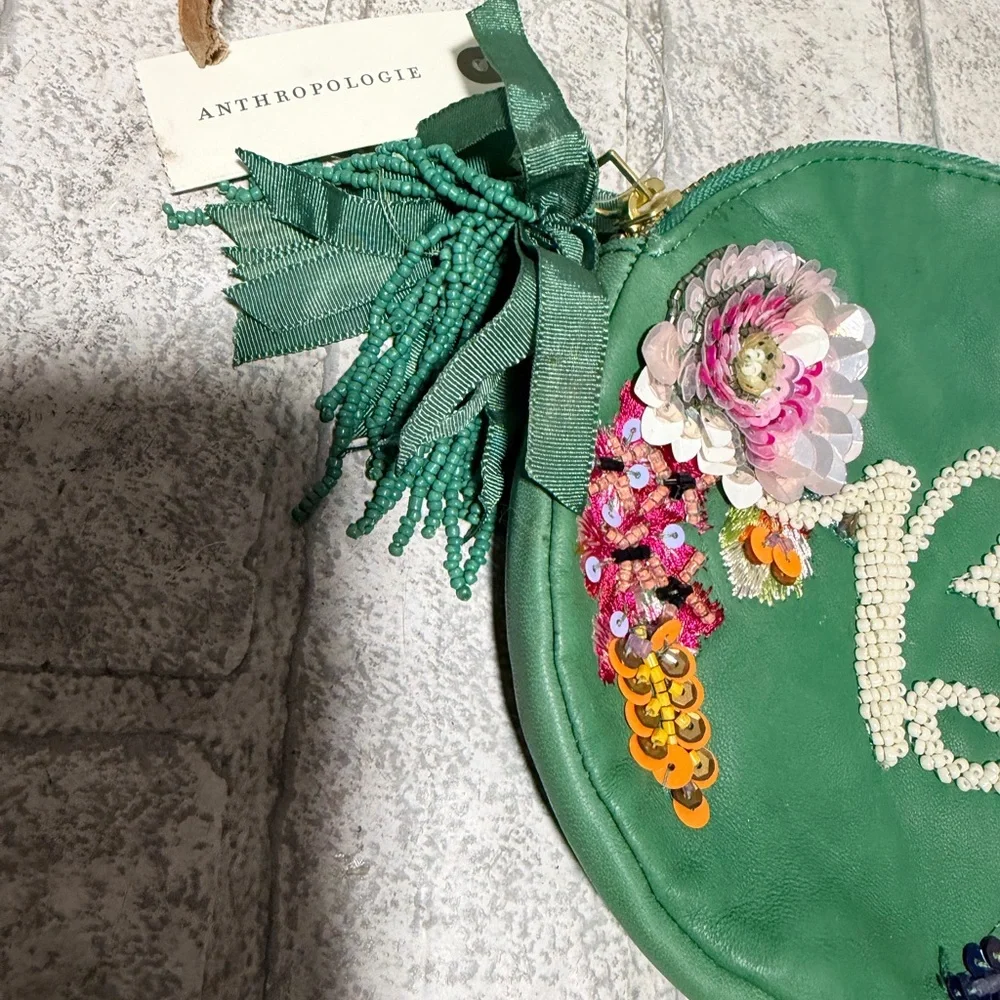 Anthropologie Green Floral Sequin Pouch B new - Picture 2 of 5